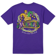 Back of Buc-ee’s Let the Good Times Roll Mardi Gras T-shirt in purple with jester hat, beads, and 2026 lettering