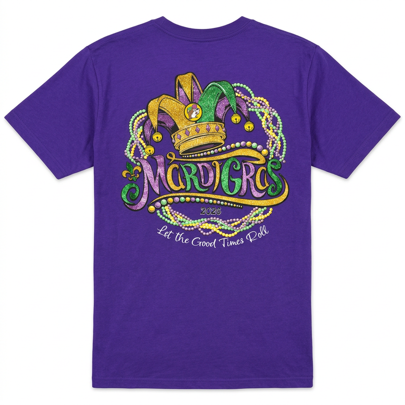 Back of Buc-ee’s Let the Good Times Roll Mardi Gras T-shirt in purple with jester hat, beads, and 2026 lettering