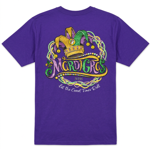 Back of Buc-ee’s Let the Good Times Roll Mardi Gras T-shirt in purple with jester hat, beads, and 2026 lettering