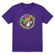 Front of Buc-ee’s Let the Good Times Roll Mardi Gras T-shirt in purple with beaver in jester hat and bead wreath