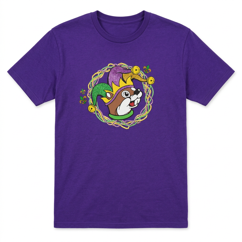 Front of Buc-ee’s Let the Good Times Roll Mardi Gras T-shirt in purple with beaver in jester hat and bead wreath
