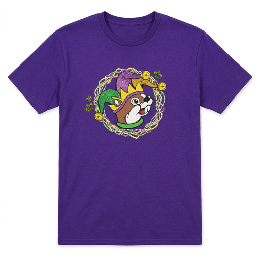 Front of Buc-ee’s Let the Good Times Roll Mardi Gras T-shirt in purple with beaver in jester hat and bead wreath