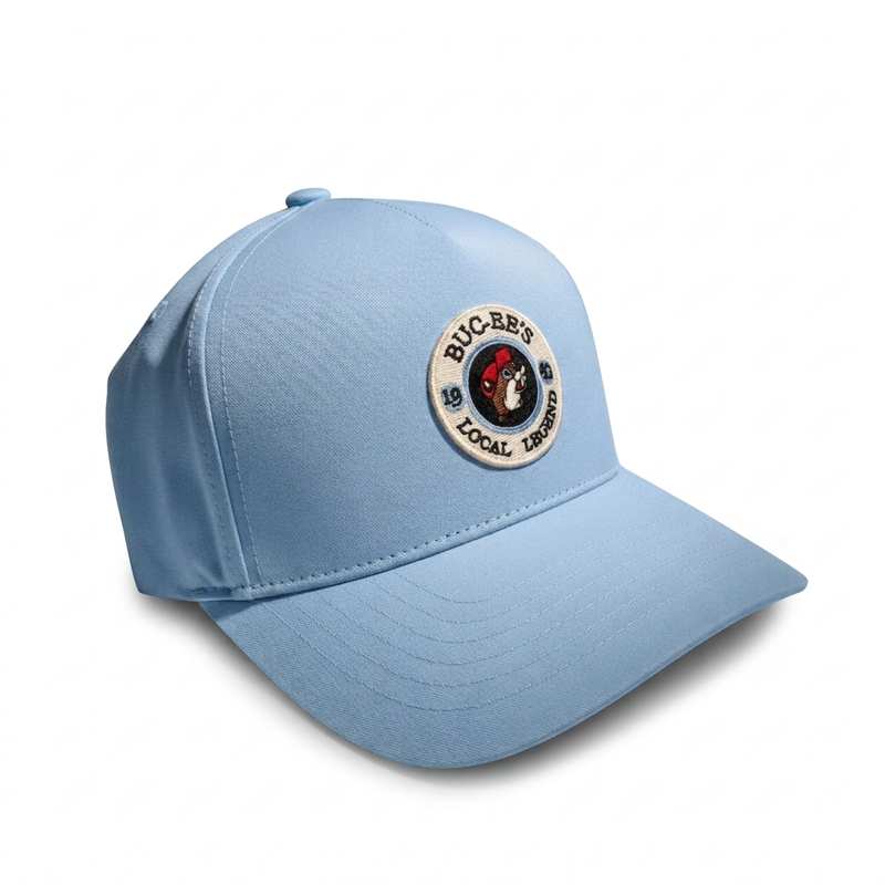 Buc-ee’s Local Legend baseball cap in light blue with round embroidered beaver patch and curved brim
