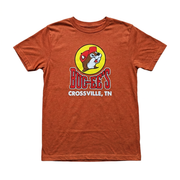 Buc-ee’s Location Shirt for Crossville, Tennessee, a heather orange crewneck tee with the beaver logo