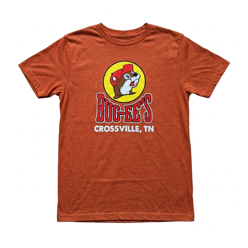 Buc-ee’s Location Shirt for Crossville, Tennessee, a heather orange crewneck tee with the beaver logo