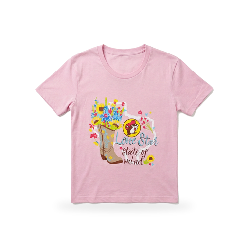 Buc-ee’s Lone Star State of Mind T-shirt in pink with a wildflower cowboy boot, Texas outline, and beaver logo