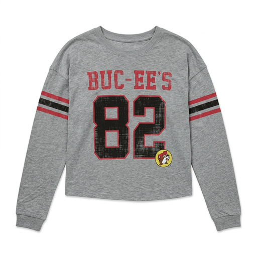 Buc-ee’s long sleeve raglan crop shirt in heather gray with a distressed red and black 82 jersey print and striped sleeves