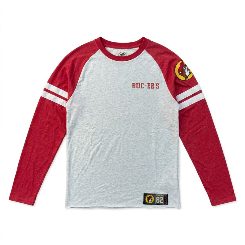 Buc-ee’s long sleeve raglan shirt in heather gray with red striped sleeves, red chest lettering, and a beaver sleeve patch