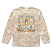 Buc-ee’s tan tie-dye long sleeve sunflower shirt with a “Road Trippin’” desert graphic, sun, cacti, and sunflowers