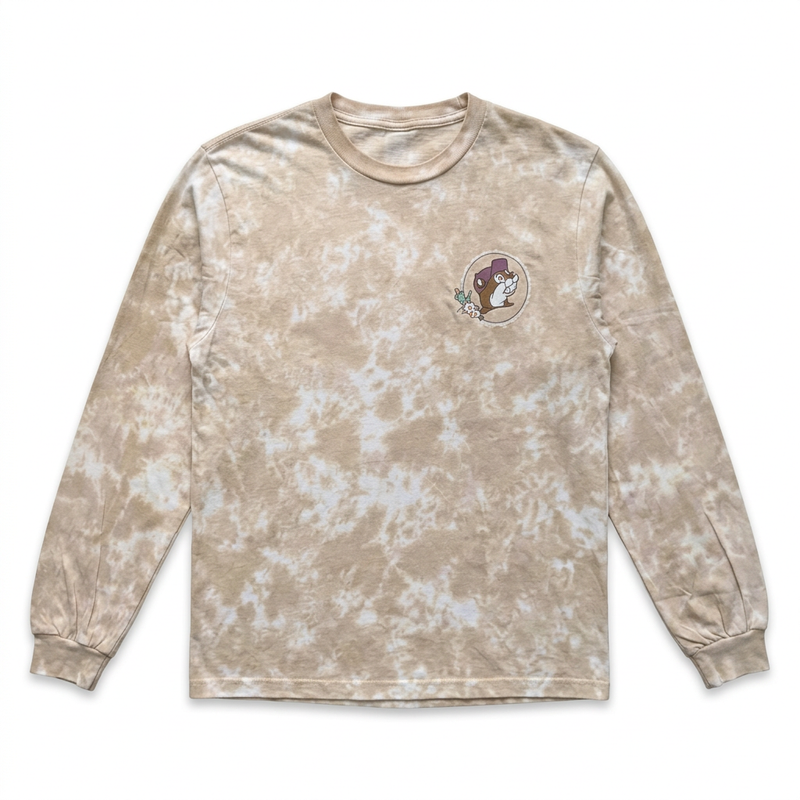 Buc-ee’s tan tie-dye long sleeve sunflower shirt with a small chest logo of the beaver in a purple cowboy hat