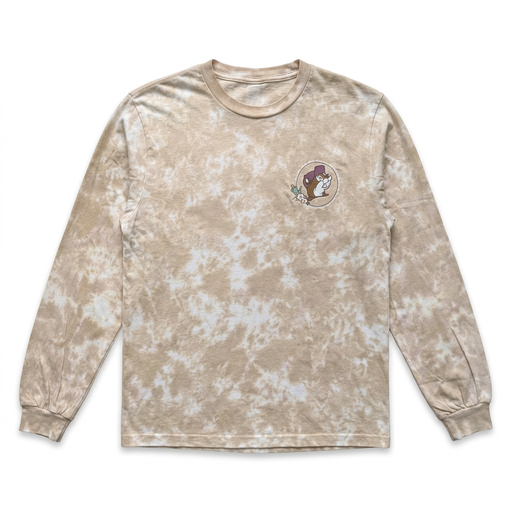 Buc-ee’s tan tie-dye long sleeve sunflower shirt with a small chest logo of the beaver in a purple cowboy hat