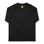 Buc-ee’s long sleeve swim shirt in black with raglan sleeves and a small yellow beaver logo below the collar