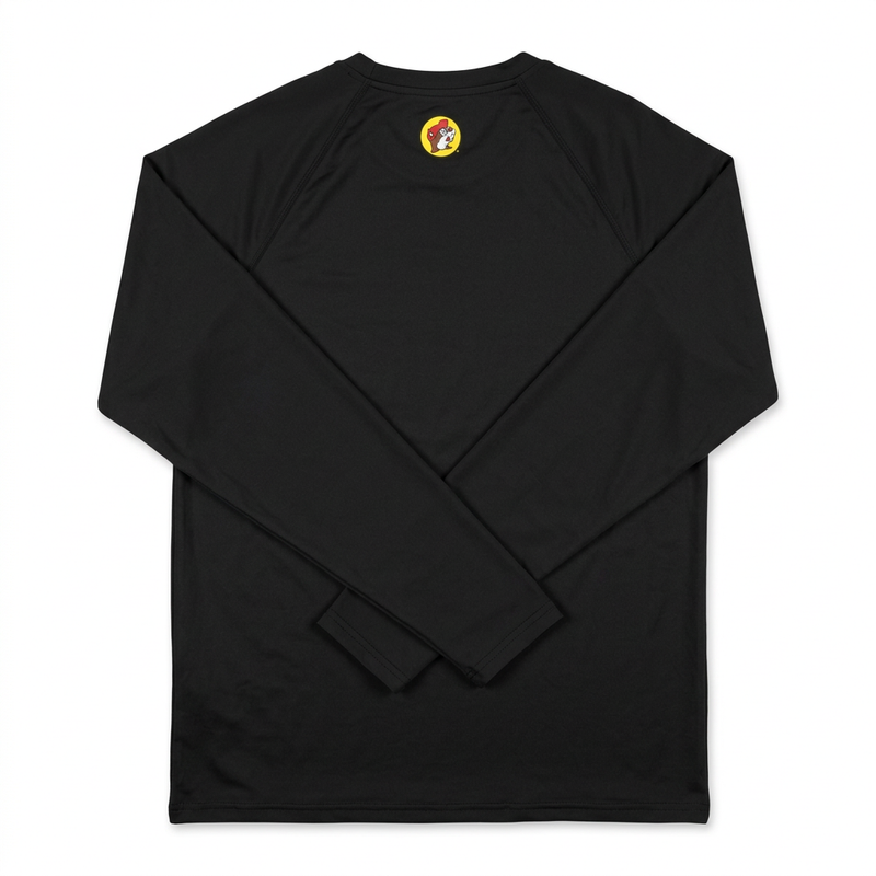 Buc-ee’s long sleeve swim shirt in black with raglan sleeves and a small yellow beaver logo below the collar