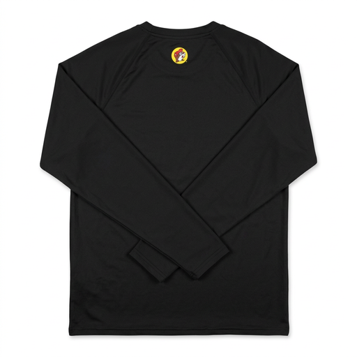 Buc-ee’s long sleeve swim shirt in black with raglan sleeves and a small yellow beaver logo below the collar