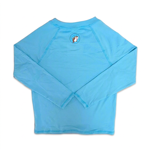 Buc-ee’s long sleeve swim shirt in light blue with raglan sleeves and a blue-toned beaver logo below the collar
