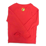 Buc-ee’s long sleeve swim shirt in red with raglan sleeves and a small yellow beaver logo below the collar
