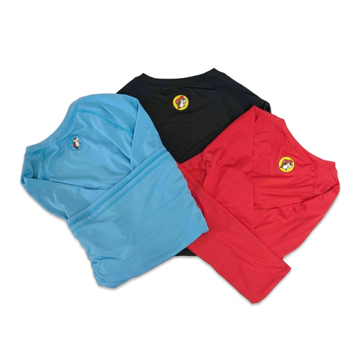 Buc-ee’s long sleeve swim shirts in light blue, black, and red, folded, each with a small beaver logo near the collar