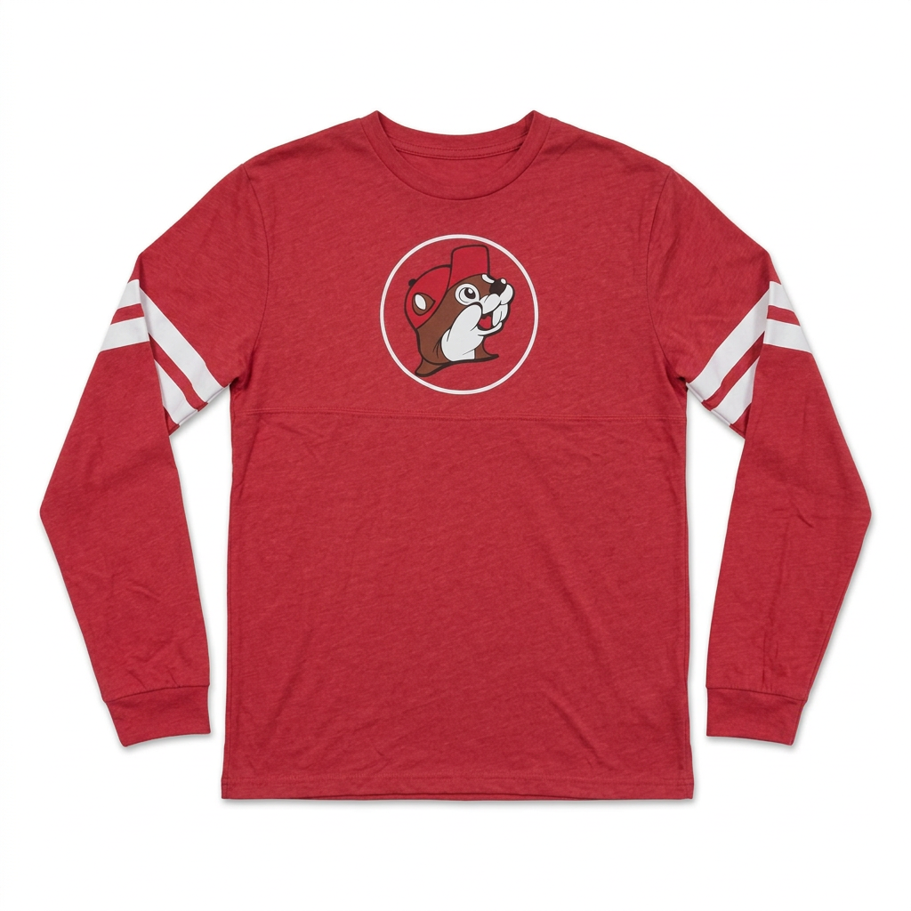 Buc-ee's red long-sleeve varsity T-shirt with white striped sleeves and a circle Buc-ee the Beaver logo