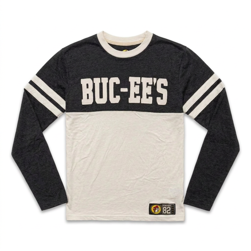 Buc-ee’s long-sleeve varsity T-shirt with striped sleeves, chest lettering, and hem patch