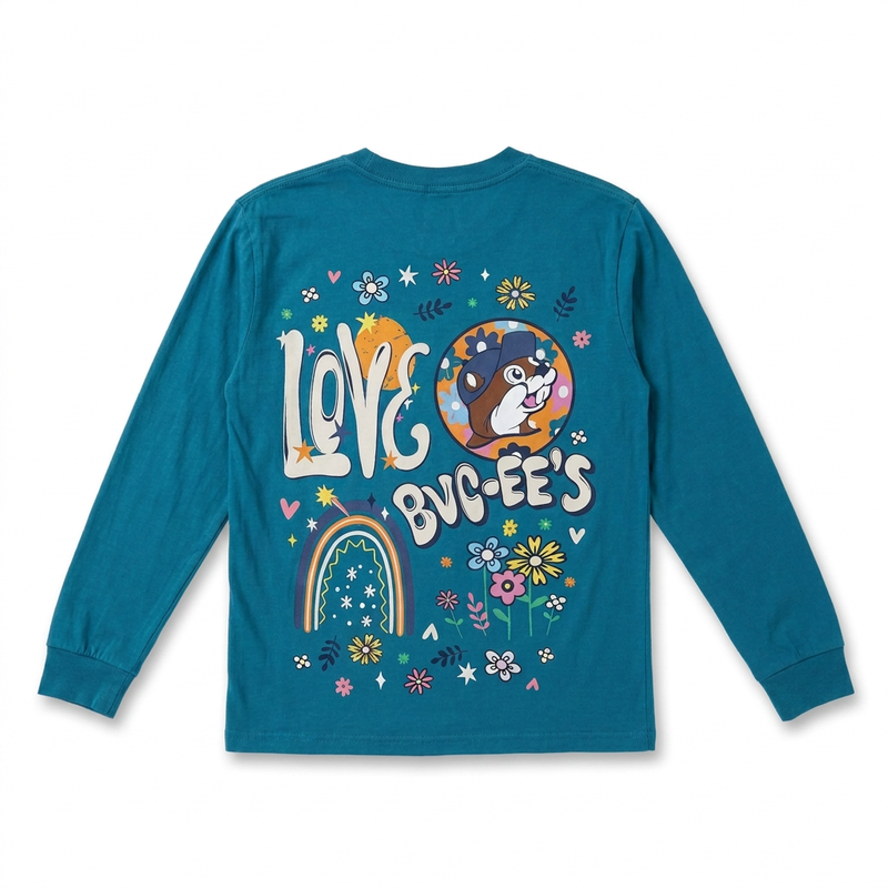 Back of Buc-ee’s Love Buc-ee’s long-sleeve T-shirt in teal with retro lettering, beaver logo, rainbow, and flowers