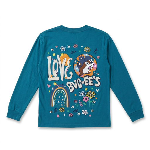 Back of Buc-ee’s Love Buc-ee’s long-sleeve T-shirt in teal with retro lettering, beaver logo, rainbow, and flowers
