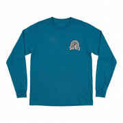 Front of Buc-ee’s Love Buc-ee’s long-sleeve T-shirt in teal with small rainbow and beaver logo on the left chest