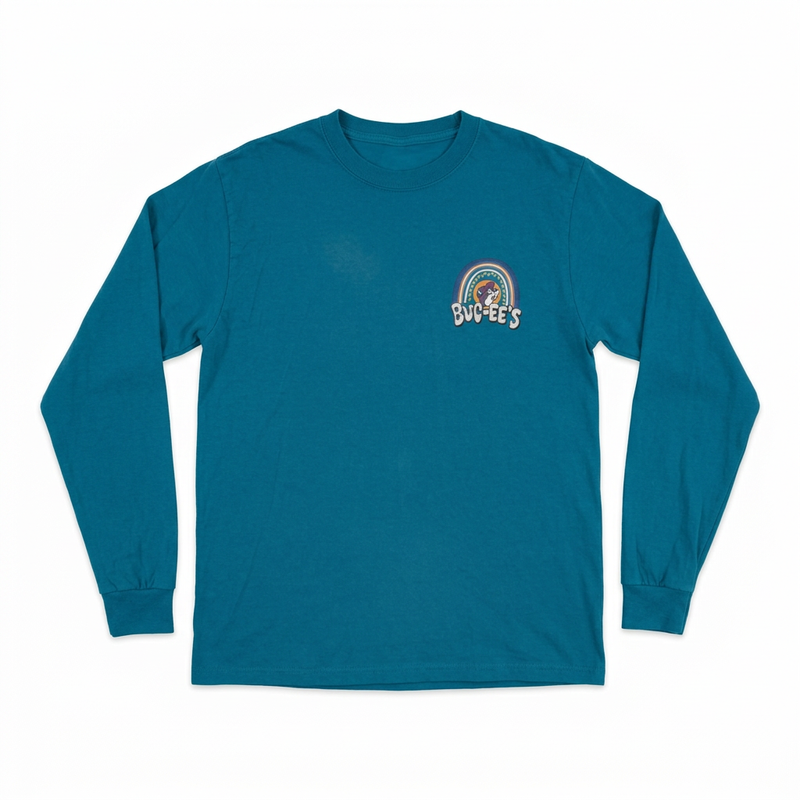 Front of Buc-ee’s Love Buc-ee’s long-sleeve T-shirt in teal with small rainbow and beaver logo on the left chest