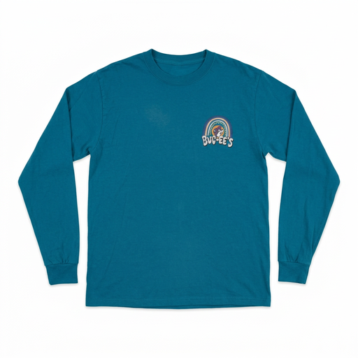 Front of Buc-ee’s Love Buc-ee’s long-sleeve T-shirt in teal with small rainbow and beaver logo on the left chest