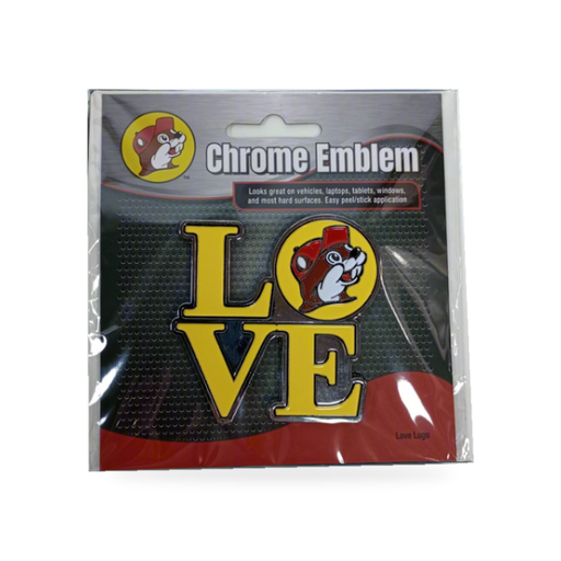 Buc-ee’s Love chrome emblem with yellow LOVE letters and beaver logo, peel-and-stick for cars, laptops and windows
