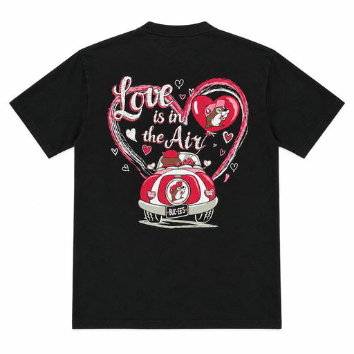 Buc-ee's Love is in the Air Valentine's T-shirt back print: beaver in a red vintage car under a pink heart on black
