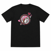 Buc-ee's Love is in the Air Valentine's T-shirt, black crewneck with a pink-cap beaver logo and hearts on the front