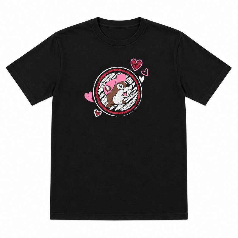 Buc-ee's Love is in the Air Valentine's T-shirt, black crewneck with a pink-cap beaver logo and hearts on the front