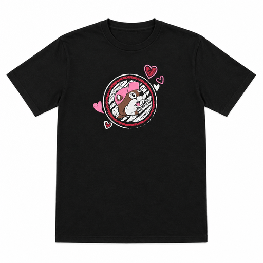 Buc-ee's Love is in the Air Valentine's T-shirt, black crewneck with a pink-cap beaver logo and hearts on the front