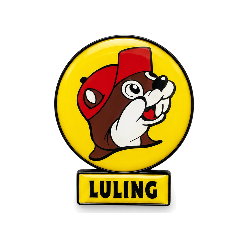 Buc-ee's Luling magnet with the beaver mascot in a red cap on a yellow circle above a yellow LULING name plate