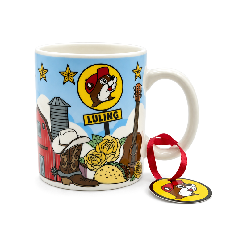 Buc-ee's Luling ceramic mini mug with beaver sign, red barn, cowboy boot, yellow roses, taco and guitar design