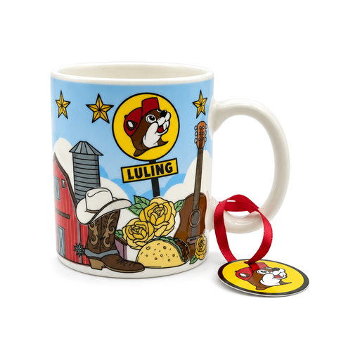 Buc-ee's Luling ceramic mini mug with beaver sign, red barn, cowboy boot, yellow roses, taco and guitar design