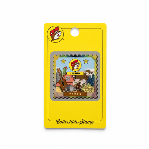 Buc-ee's Luling Texas collectible stamp with armadillo, longhorn, guitar, and bluebonnets on a yellow backer card
