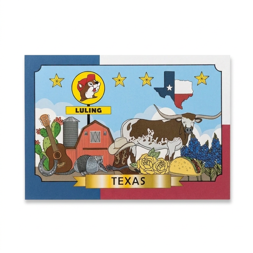 Buc-ee’s Luling, TX postcard with Texas flag border, longhorn, red barn, armadillo, and illustrated Texas icons