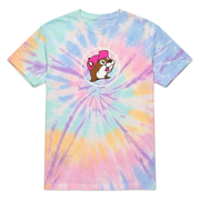 Front of Buc-ee’s Made for Buc-ee’s pastel tie-dye shirt with pink-cap beaver logo in a white circle