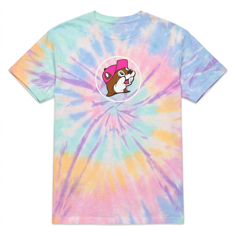 Front of Buc-ee’s Made for Buc-ee’s pastel tie-dye shirt with pink-cap beaver logo in a white circle
