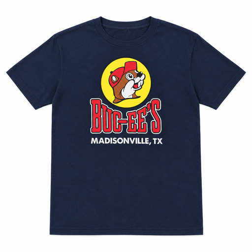 Buc-ee's Madisonville, TX location t-shirt in navy, short sleeve crewneck with beaver mascot logo