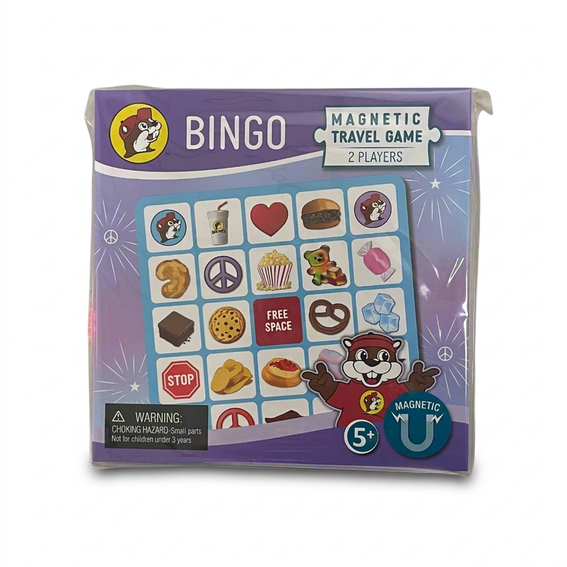 Buc-ee’s Bingo magnetic travel game for 2 players, ages 5 and up, with a game card of snack and road trip icons