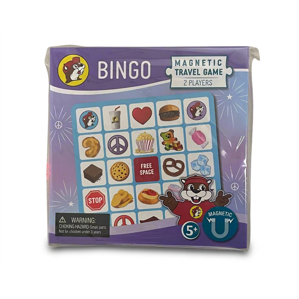 Buc-ee’s Bingo magnetic travel game for 2 players, ages 5 and up, with a game card of snack and road trip icons