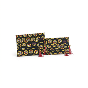 Buc-ee’s Makeup Junkie Bags, flat zip pouches in several sizes with an all-over beaver logo print and red tassel pulls