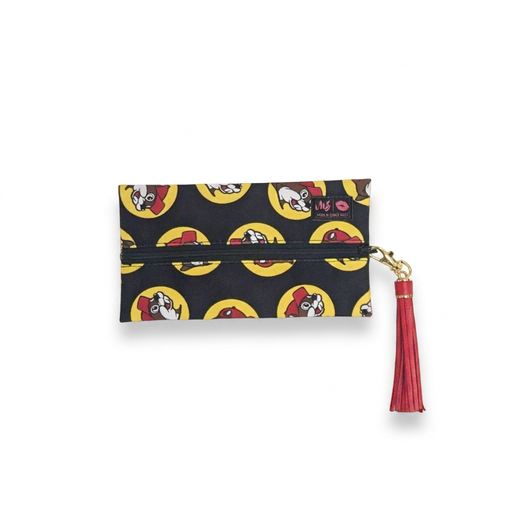 Buc-ee’s Makeup Junkie Mini Bag, a small flat zip pouch in black with a yellow beaver logo print and red tassel pull