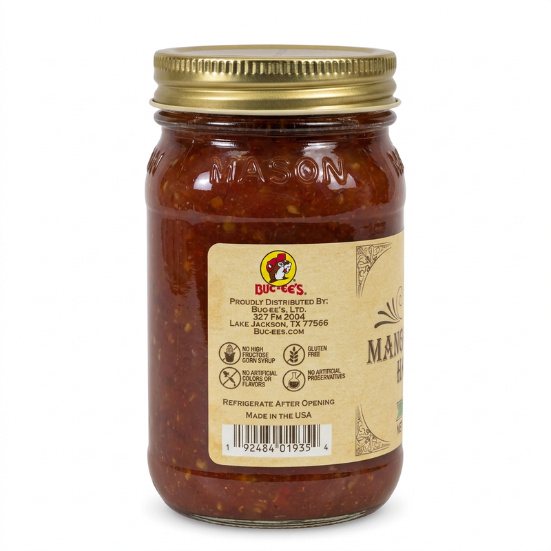 Buc-ee’s Mango Pineapple Habanero Salsa side label showing gluten free, no high fructose corn syrup, and Made in USA 
