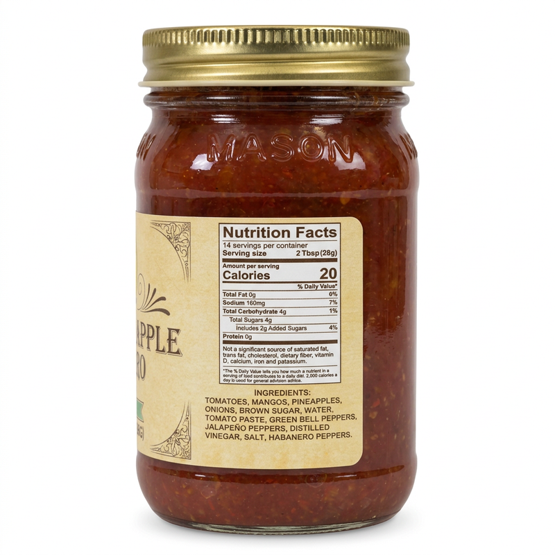 Buc-ee’s Mango Pineapple Habanero Salsa side label with nutrition facts and ingredients, 20 calories per 2 Tbsp serving