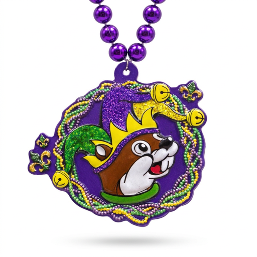 Buc-ee’s Mardi Gras Beads 2026 with purple metallic beads and pendant of beaver in a jester hat with glitter accents