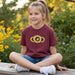 A maroon t-shirt with a design featuring Buc-ee's beaver logo and sunflowers on the front, displayed on a mannequin.