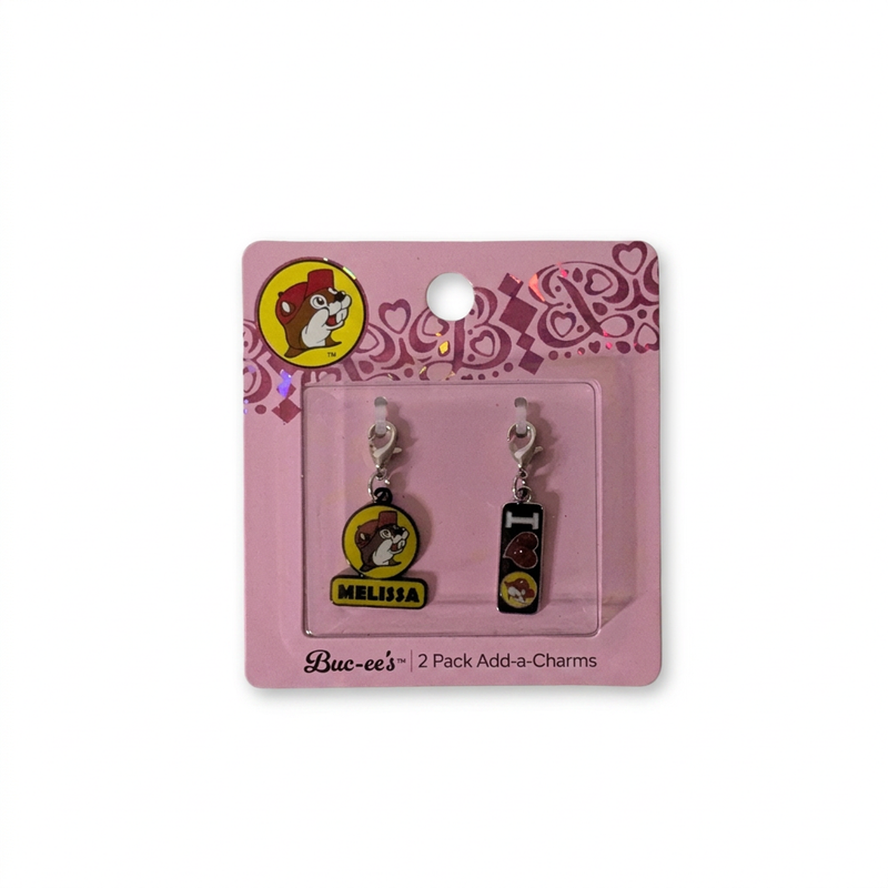 Buc-ee's 2-pack charms with a Melissa name charm with the Buc-ee logo and an I Heart Buc-ee's bar charm